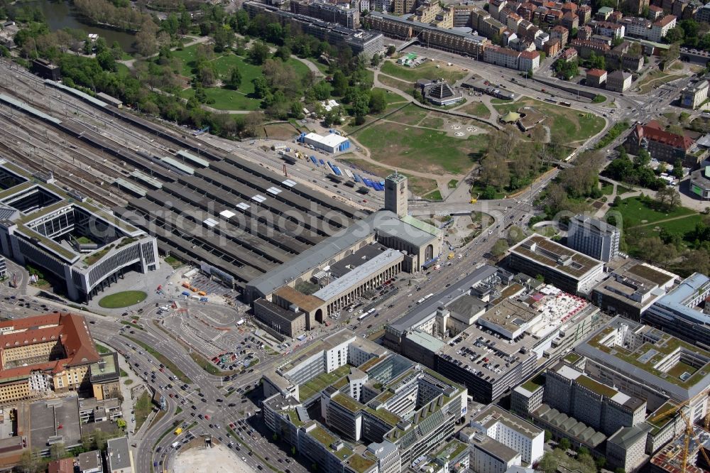 Aerial image Stuttgart - Construction site at the Stuttgart Central station in Baden-Wuerttemberg. The termnal station will be largely demolished during the project Stuttgart 21 and converted into an underground transit station