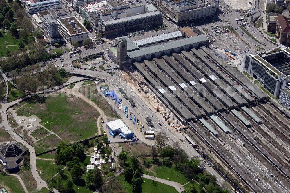 Stuttgart from above - Construction site at the Stuttgart Central station in Baden-Wuerttemberg. The termnal station will be largely demolished during the project Stuttgart 21 and converted into an underground transit station