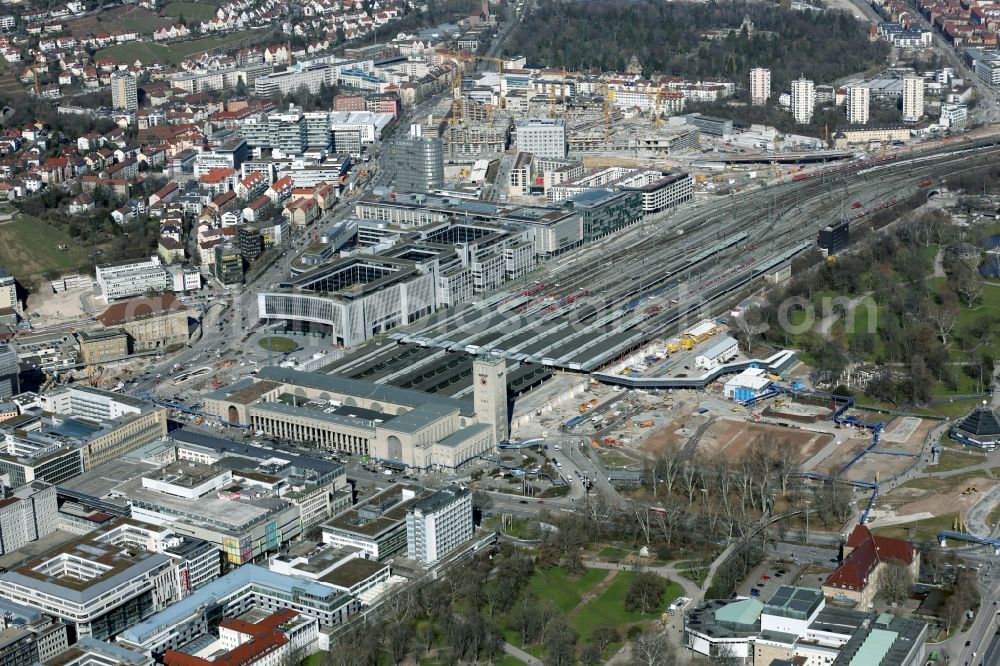 Aerial image Stuttgart - Construction site at the Stuttgart Central station in Baden-Wuerttemberg. The termnal station will be largely demolished during the project Stuttgart 21 and converted into an underground transit station