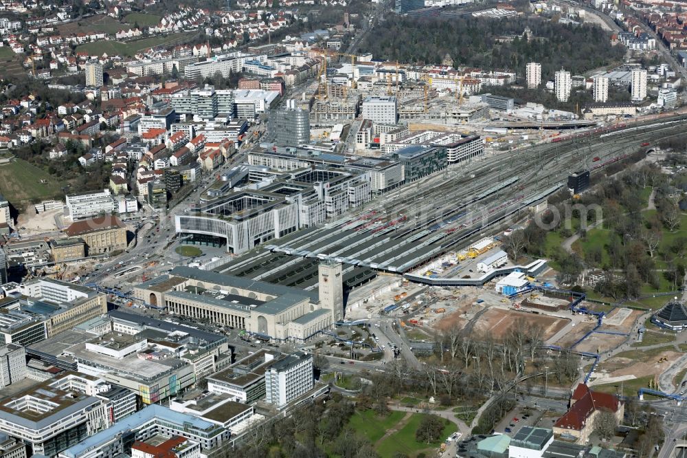 Aerial photograph Stuttgart - Construction site at the Stuttgart Central station in Baden-Wuerttemberg. The termnal station will be largely demolished during the project Stuttgart 21 and converted into an underground transit station