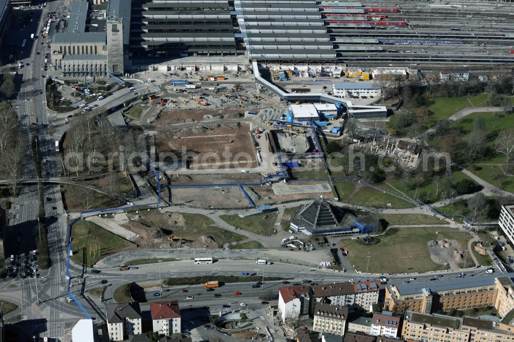 Stuttgart from above - Construction site at the Stuttgart Central station in Baden-Wuerttemberg. The termnal station will be largely demolished during the project Stuttgart 21 and converted into an underground transit station