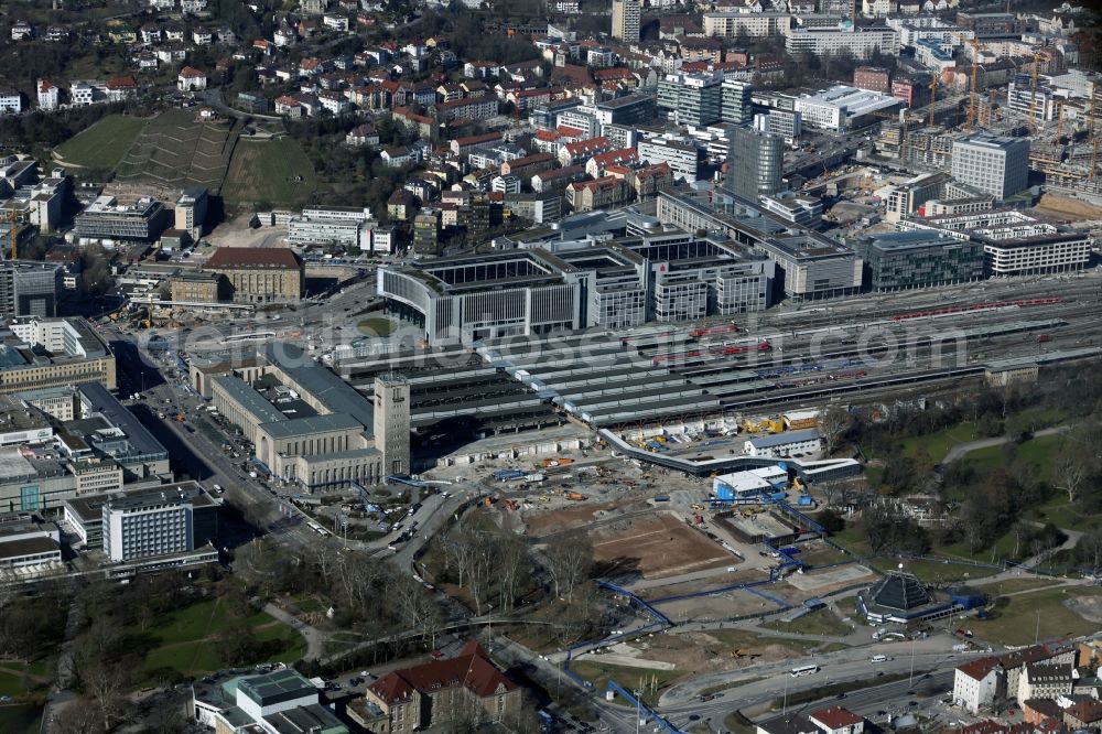 Aerial image Stuttgart - Construction site at the Stuttgart Central station in Baden-Wuerttemberg. The termnal station will be largely demolished during the project Stuttgart 21 and converted into an underground transit station