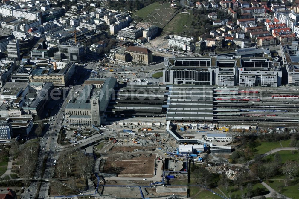 Aerial photograph Stuttgart - Construction site at the Stuttgart Central station in Baden-Wuerttemberg. The termnal station will be largely demolished during the project Stuttgart 21 and converted into an underground transit station