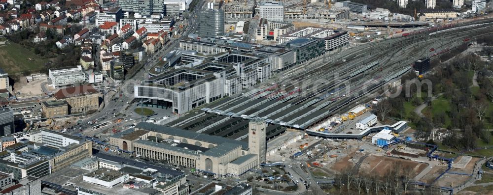 Stuttgart from above - Construction site at the Stuttgart Central station in Baden-Wuerttemberg. The termnal station will be largely demolished during the project Stuttgart 21 and converted into an underground transit station