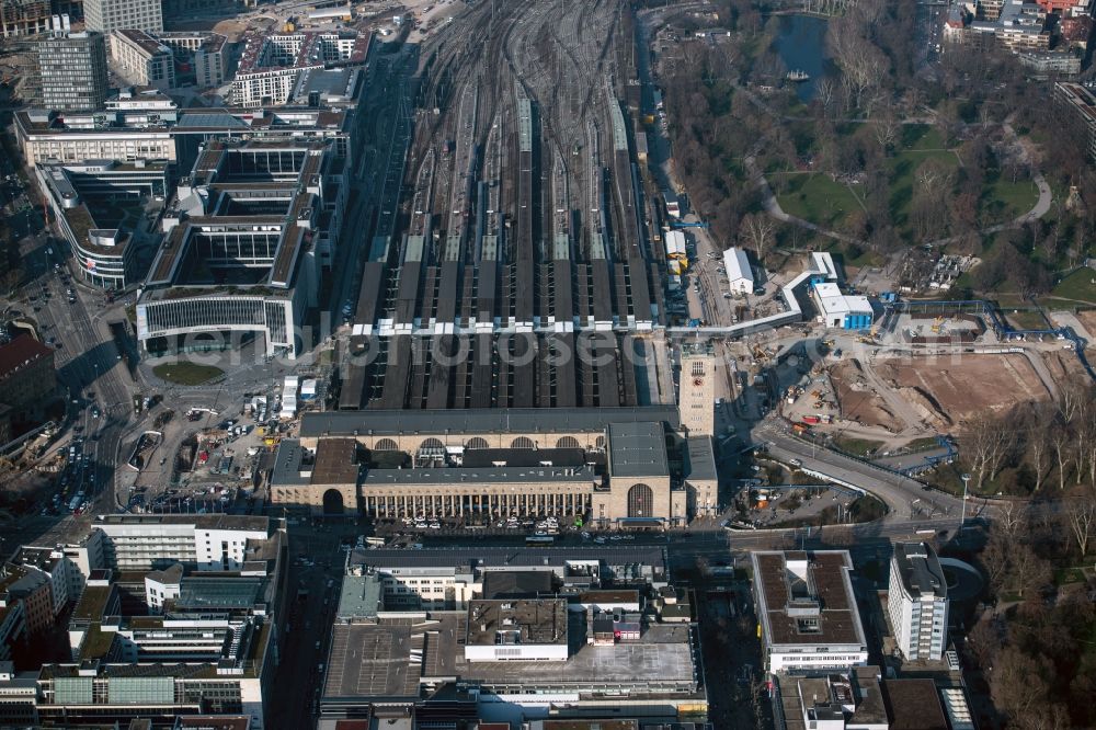 Aerial photograph Stuttgart - Construction site at the Stuttgart Central station in Baden-Wuerttemberg. The termnal station will be largely demolished during the project Stuttgart 21 and converted into an underground transit station