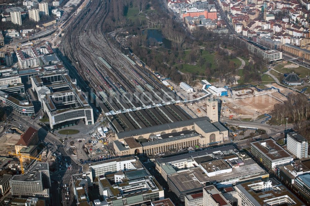 Stuttgart from above - Construction site at the Stuttgart Central station in Baden-Wuerttemberg. The termnal station will be largely demolished during the project Stuttgart 21 and converted into an underground transit station