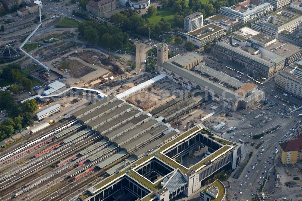 Aerial photograph Stuttgart - Construction site at the Stuttgart Central station in Baden-Wuerttemberg. The termnal station will be largely demolished during the project Stuttgart 21 and converted into an underground transit station