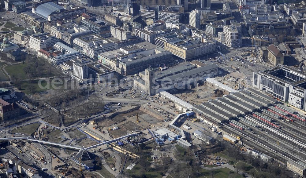 Aerial photograph Stuttgart - Construction site at the Stuttgart Central station in Baden-Wuerttemberg. The termnal station will be largely demolished during the project Stuttgart 21 and converted into an underground transit station