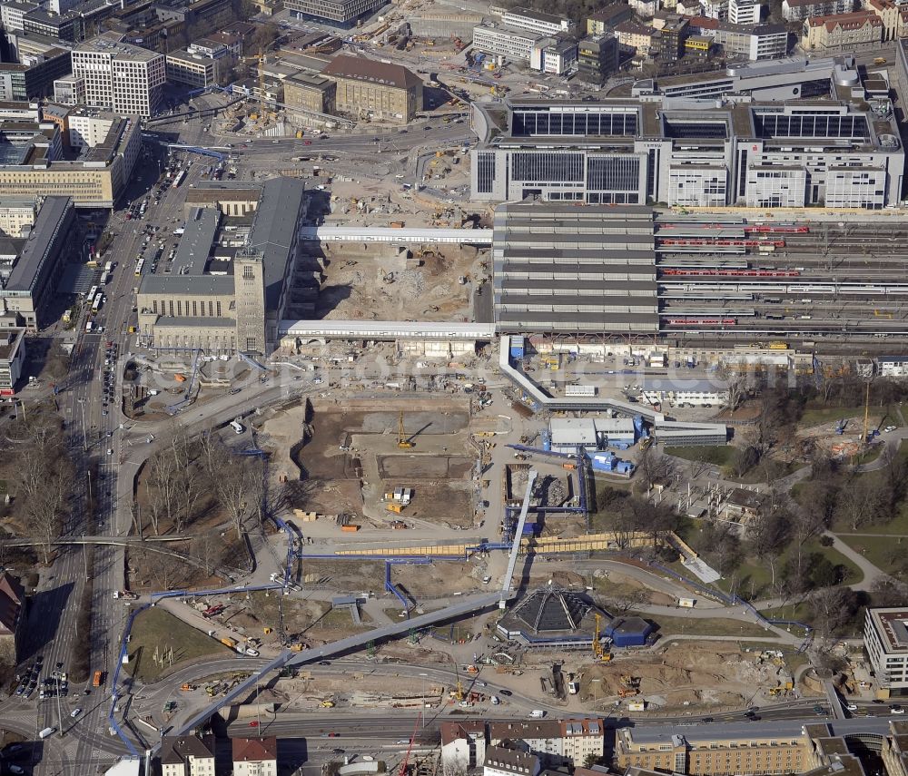 Stuttgart from above - Construction site at the Stuttgart Central station in Baden-Wuerttemberg. The termnal station will be largely demolished during the project Stuttgart 21 and converted into an underground transit station