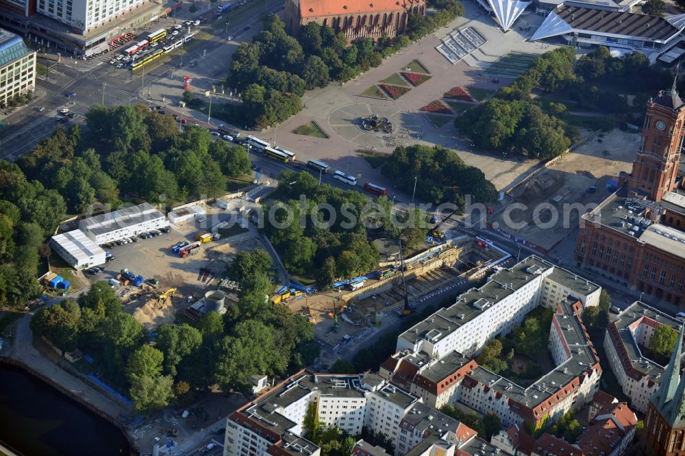 Berlin from above - View at the construction site of the civil engineering by the BVG for the gap closure of U5 in the district Mitte in Berlin. Executing company is the Stump Spezialbau