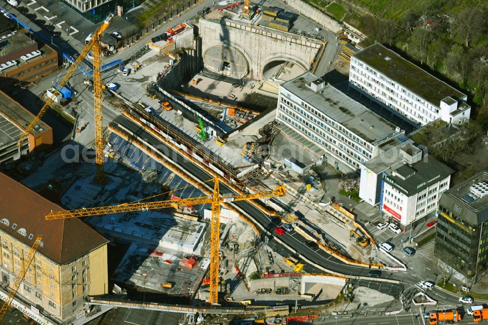 Stuttgart from the bird's eye view: Construction site with tunneling work for the route and the course of the S21 between Heilbronner and Jaegerstrasse in Stuttgart in the state Baden-Wurttemberg, Germany