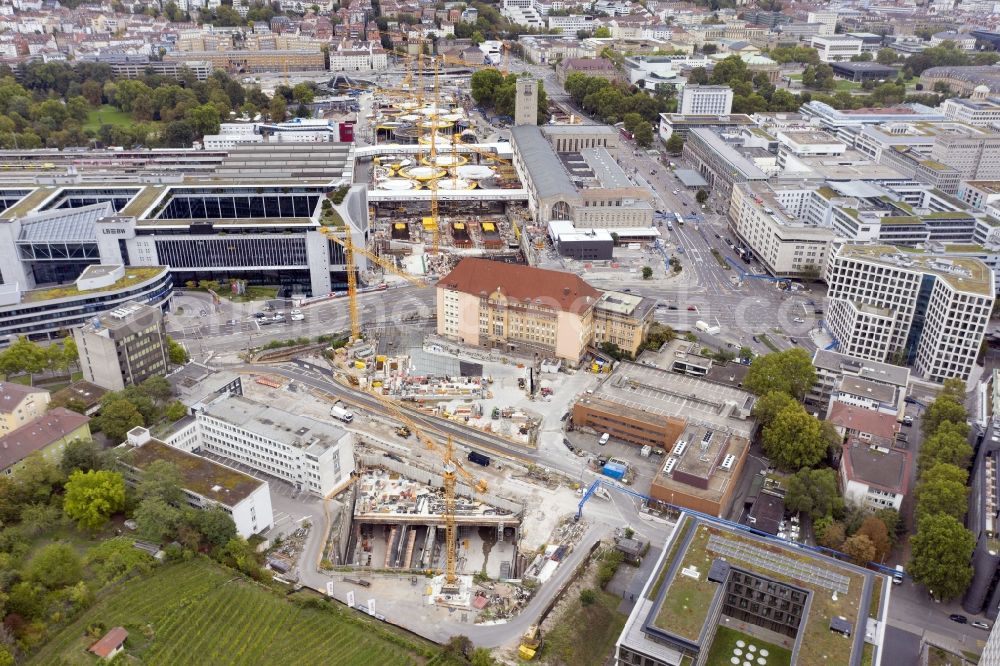 Stuttgart from above - Construction site with tunneling work for the route and the course of the S21 between Heilbronner and Jaegerstrasse in Stuttgart in the state Baden-Wurttemberg, Germany