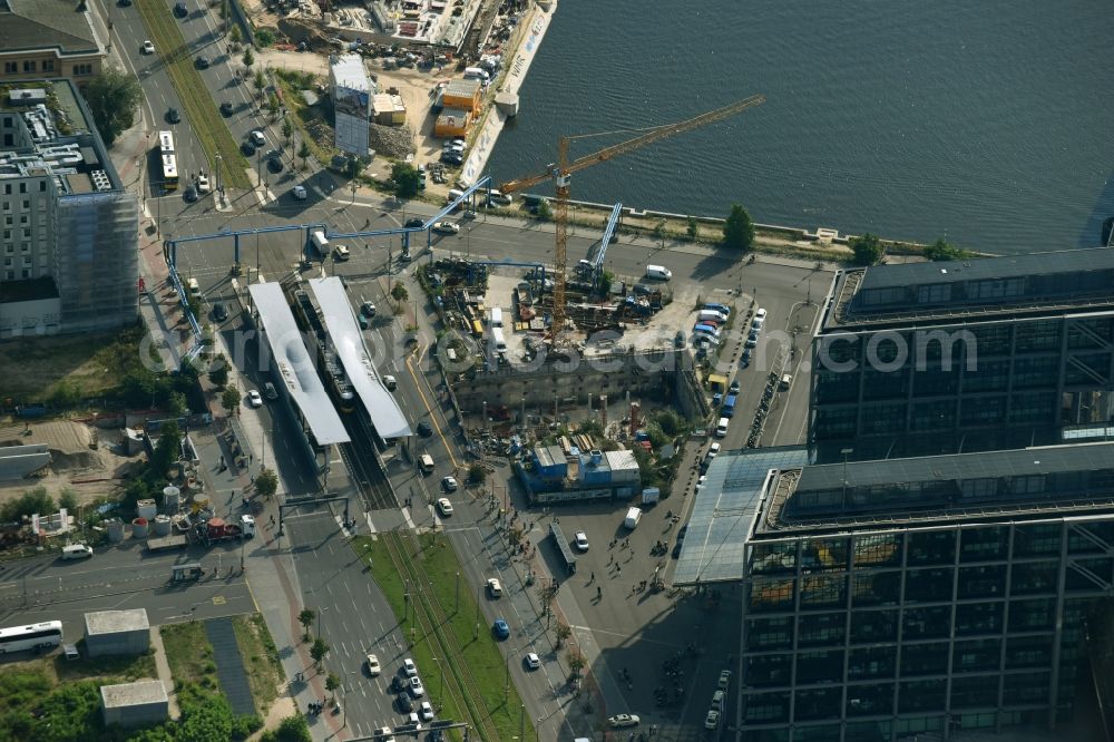 Berlin from above - Construction site with tunnel guide for the route S 21 Excavation B and tunnel construction in building complex along the Invalidenstrasse in the district Moabit in Berlin, Germany