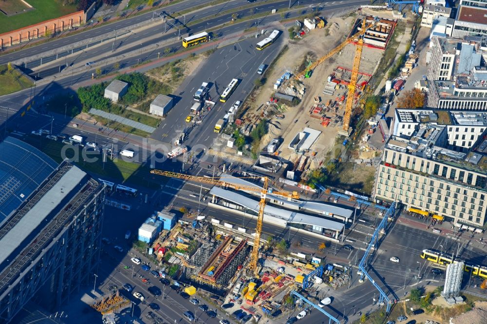 Aerial image Berlin - Construction site with tunnel guide for the route S 21 Excavation B and tunnel construction in building complex along the Invalidenstrasse in the district Moabit in Berlin, Germany