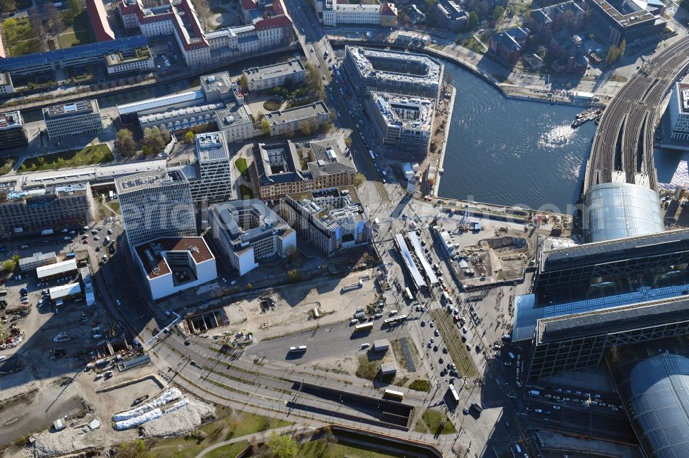 Berlin from above - Construction site with tunnel guide for the route S 21 Excavation B and tunnel construction in building complex along the Invalidenstrasse in the district Moabit in Berlin, Germany