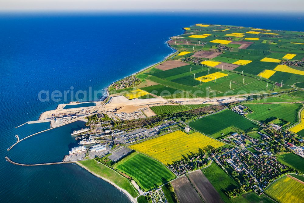 Puttgarden from above - Construction site with tunnel guide for the route of Fehmarnbelt- Tunnel on street Faehrhafenstrasse in Puttgarden on the island of Fehmarn in the state Schleswig-Holstein, Germany