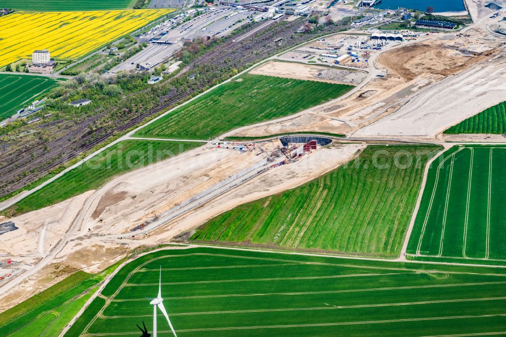 Aerial image Puttgarden - Construction site with tunnel guide for the route of Fehmarnbelt- Tunnel on street Faehrhafenstrasse in Puttgarden on the island of Fehmarn in the state Schleswig-Holstein, Germany