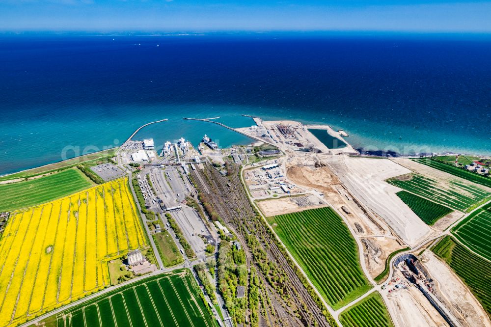 Puttgarden from above - Construction site with tunnel guide for the route of Fehmarnbelt- Tunnel on street Faehrhafenstrasse in Puttgarden on the island of Fehmarn in the state Schleswig-Holstein, Germany