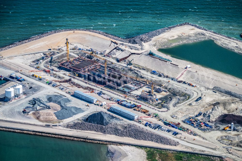 Aerial image Puttgarden - Construction site with tunnel guide for the route of Fehmarnbelt- Tunnel on street Faehrhafenstrasse in Puttgarden on the island of Fehmarn in the state Schleswig-Holstein, Germany