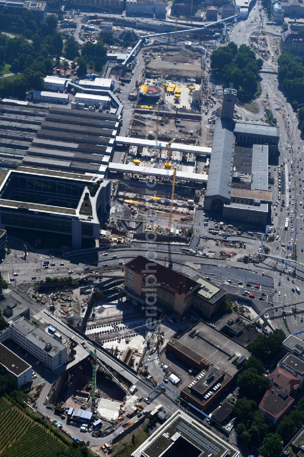 Aerial image Stuttgart - Construction site with tunnel guide for the route of Gebaeuof of Ehemalige Bahndirektion S21 in Stuttgart in the state Baden-Wurttemberg, Germany