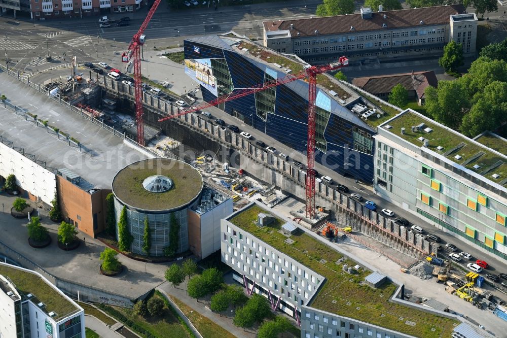 Aerial image Karlsruhe - Construction site with tunnel guide for the route of Ludwig-Erhard-Allee in Karlsruhe in the state Baden-Wuerttemberg, Germany