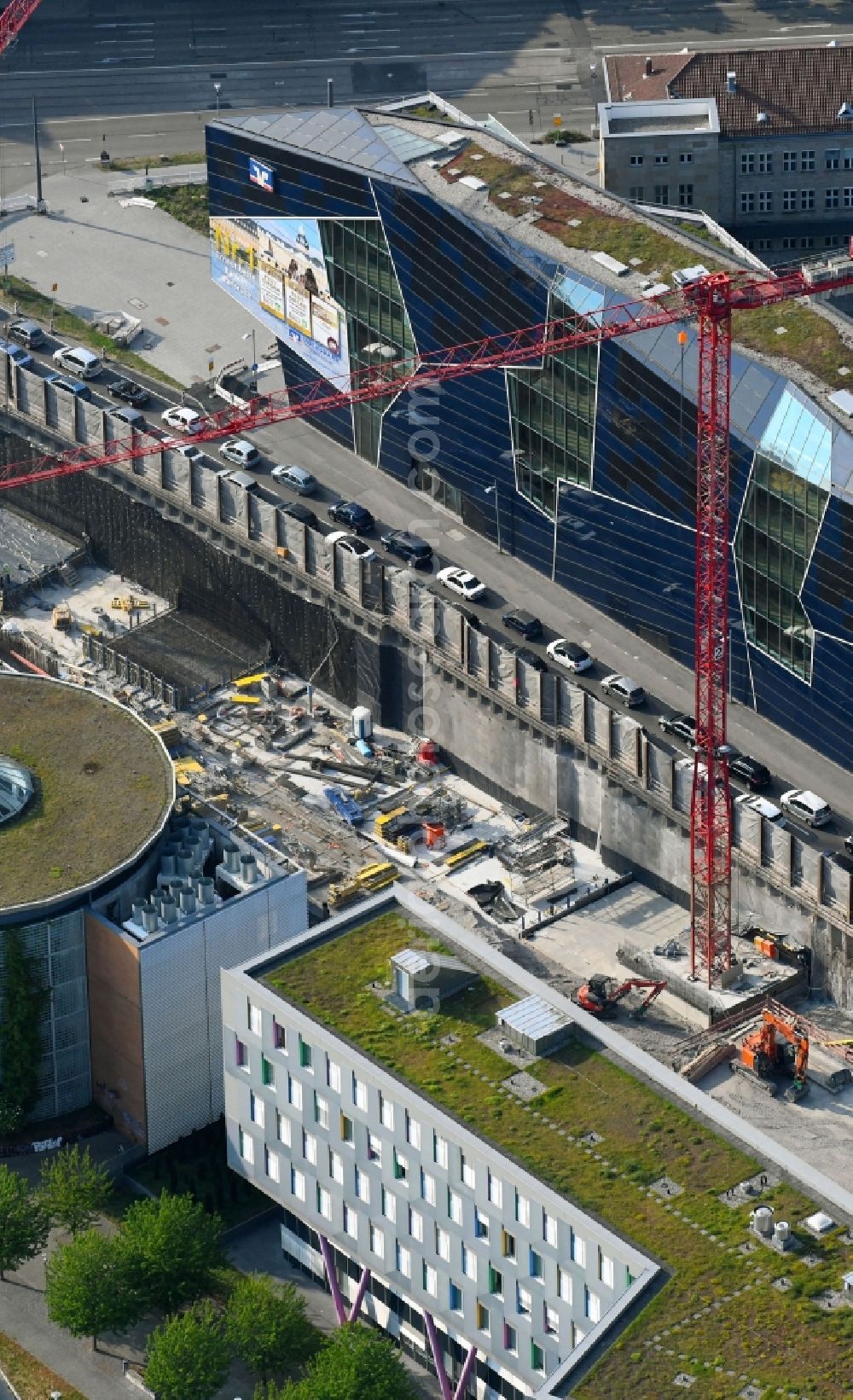 Aerial photograph Karlsruhe - Construction site with tunnel guide for the route of Ludwig-Erhard-Allee in Karlsruhe in the state Baden-Wuerttemberg, Germany