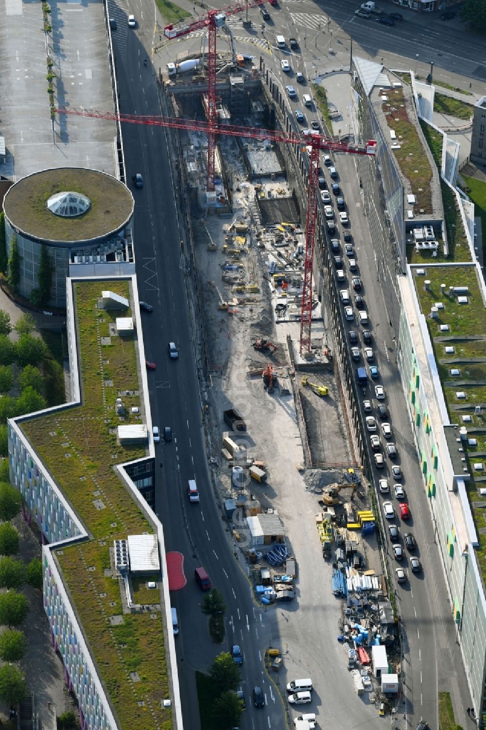 Karlsruhe from above - Construction site with tunnel guide for the route of Ludwig-Erhard-Allee in Karlsruhe in the state Baden-Wuerttemberg, Germany