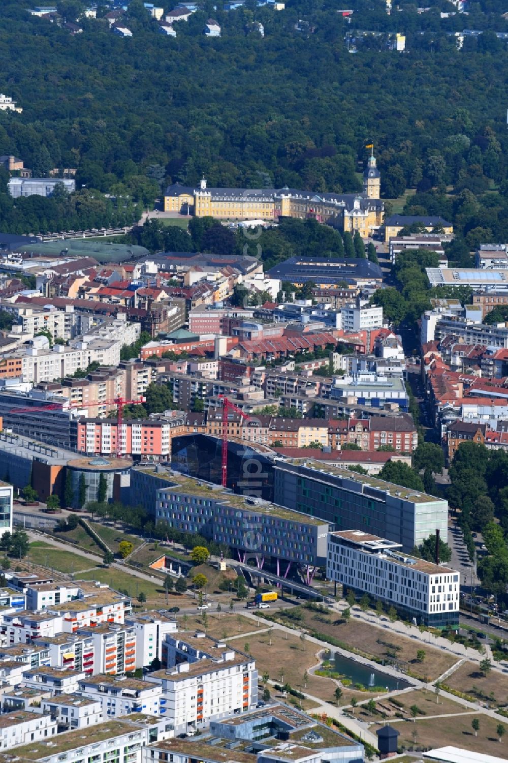 Karlsruhe from above - Construction site with tunnel guide for the route of Ludwig-Erhard-Allee in Karlsruhe in the state Baden-Wurttemberg, Germany