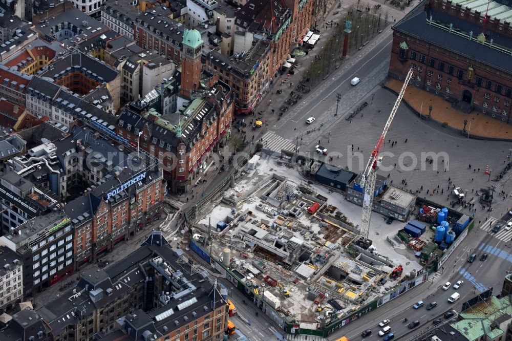 Aerial image Kopenhagen - Construction site with tunnel guide for the route of Metro - station on Radhuspladsen in Copenhagen in Denmark