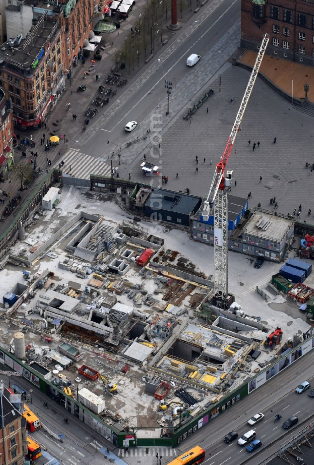 Kopenhagen from above - Construction site with tunnel guide for the route of Metro - station on Radhuspladsen in Copenhagen in Denmark