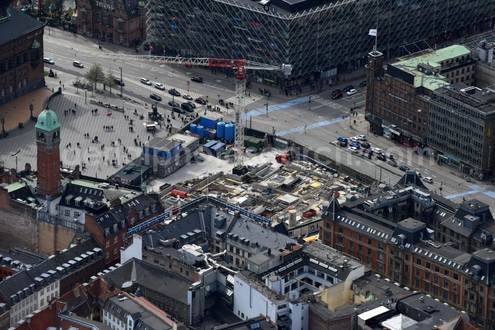 Aerial image Kopenhagen - Construction site with tunnel guide for the route of Metro - station on Radhuspladsen in Copenhagen in Denmark