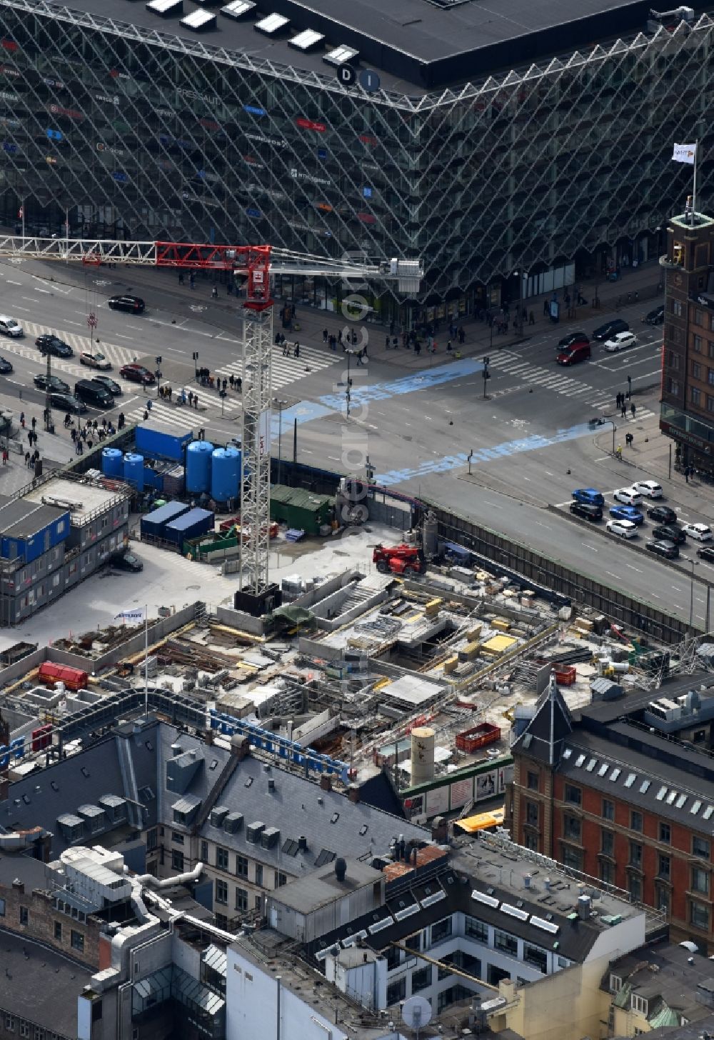 Aerial photograph Kopenhagen - Construction site with tunnel guide for the route of Metro - station on Radhuspladsen in Copenhagen in Denmark