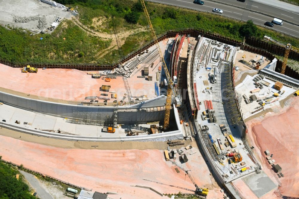 Aerial image Frankfurt am Main - Construction site with tunnel guide for the route of Rieofwaldtunnel on kuenftigen Autobahndreieck of BAB A66 Erlenbruch in the district Bornheim in Frankfurt in the state Hesse, Germany