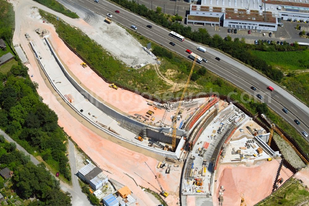 Frankfurt am Main from above - Construction site with tunnel guide for the route of Rieofwaldtunnel on kuenftigen Autobahndreieck of BAB A66 Erlenbruch in the district Bornheim in Frankfurt in the state Hesse, Germany