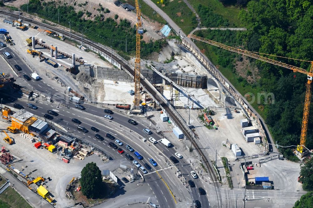 Aerial image Stuttgart - Construction site with tunnel guide for the route of B10-Rosensteintunnel on Neckartalstrasse in the district Bad Cannstatt in Stuttgart in the state Baden-Wuerttemberg, Germany