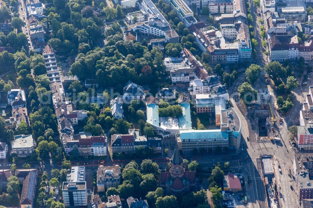 Aerial image Karlsruhe - Construction site with tunnel guide for the route of underground Tram on Kaiserplatz/Muehlburger Tor in Karlsruhe in the state Baden-Wuerttemberg, Germany