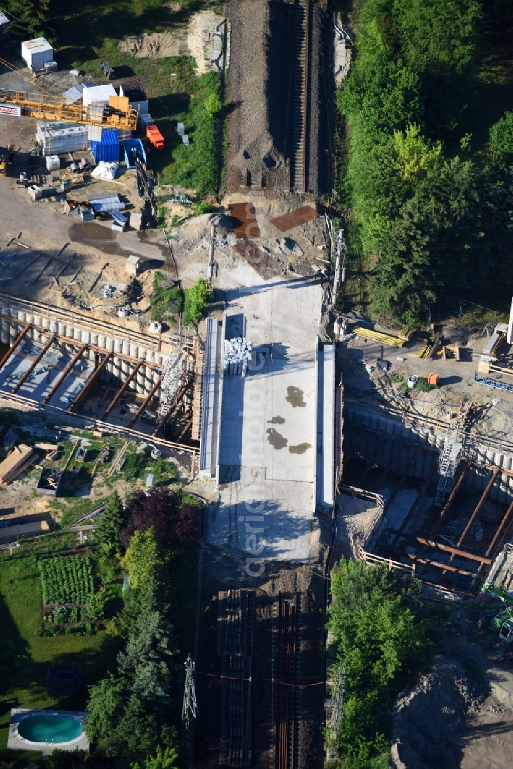 Walddrehna from above - Construction site with tunnel guide for the route of Walddrehna Lindenstrasse in Walddrehna in the state Brandenburg, Germany