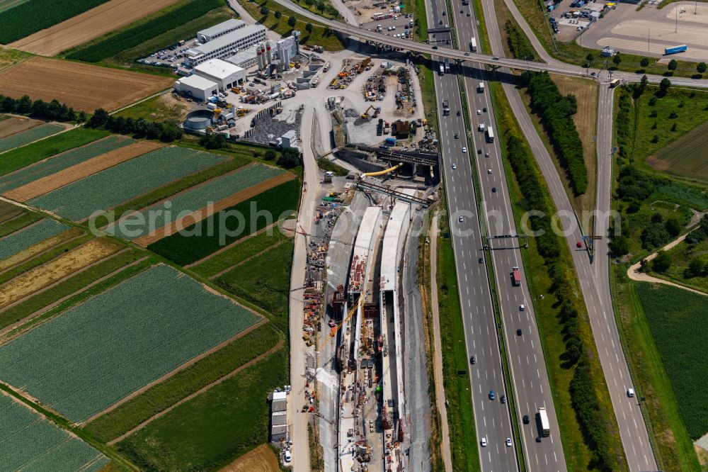 Aerial photograph Leinfelden-Echterdingen - Construction site with tunneling work for the route and the airport tunnel course parallel to the course of the A8 motorway in Leinfelden-Echterdingen in the state Baden-Wuerttemberg, Germany