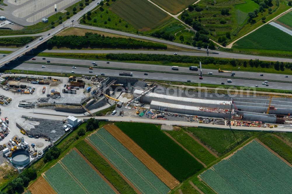 Leinfelden-Echterdingen from the bird's eye view: Construction site with tunneling work for the route and the airport tunnel course parallel to the course of the A8 motorway in Leinfelden-Echterdingen in the state Baden-Wuerttemberg, Germany