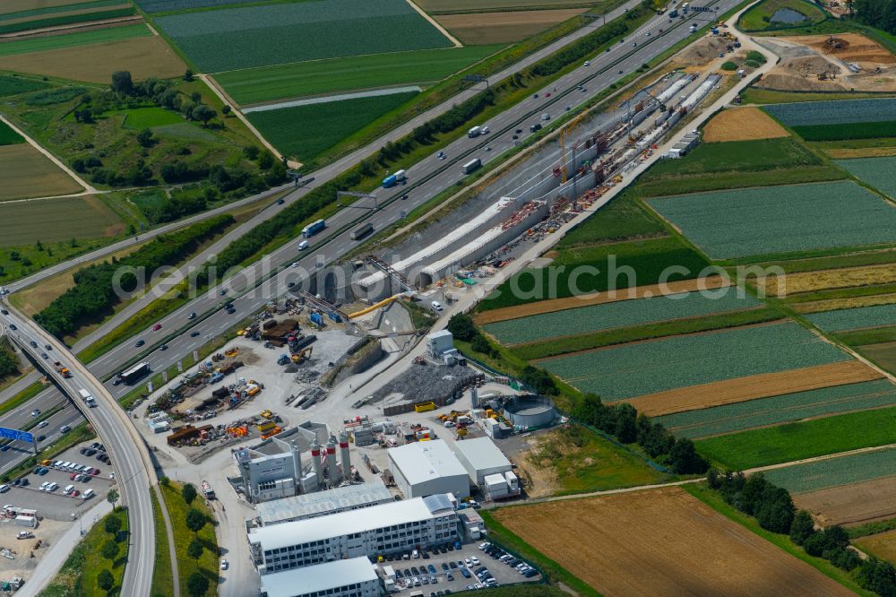 Aerial photograph Leinfelden-Echterdingen - Construction site with tunneling work for the route and the airport tunnel course parallel to the course of the A8 motorway in Leinfelden-Echterdingen in the state Baden-Wuerttemberg, Germany