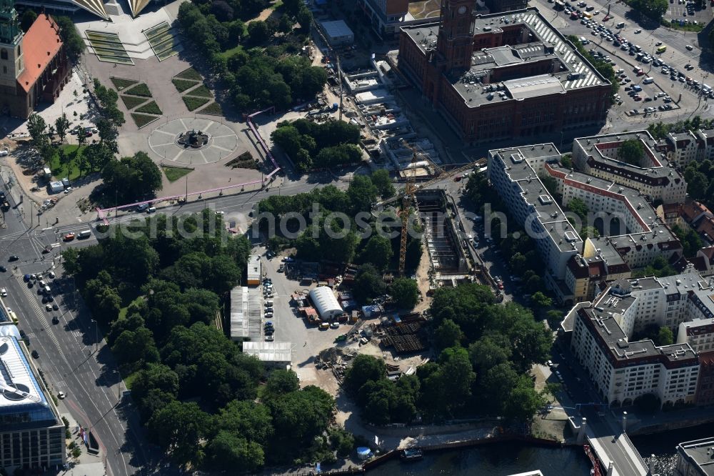 Berlin from the bird's eye view: Construction site with tunnel guide for the extension of underground line of the U5 at the Marx-Engels-Forum in Berlin