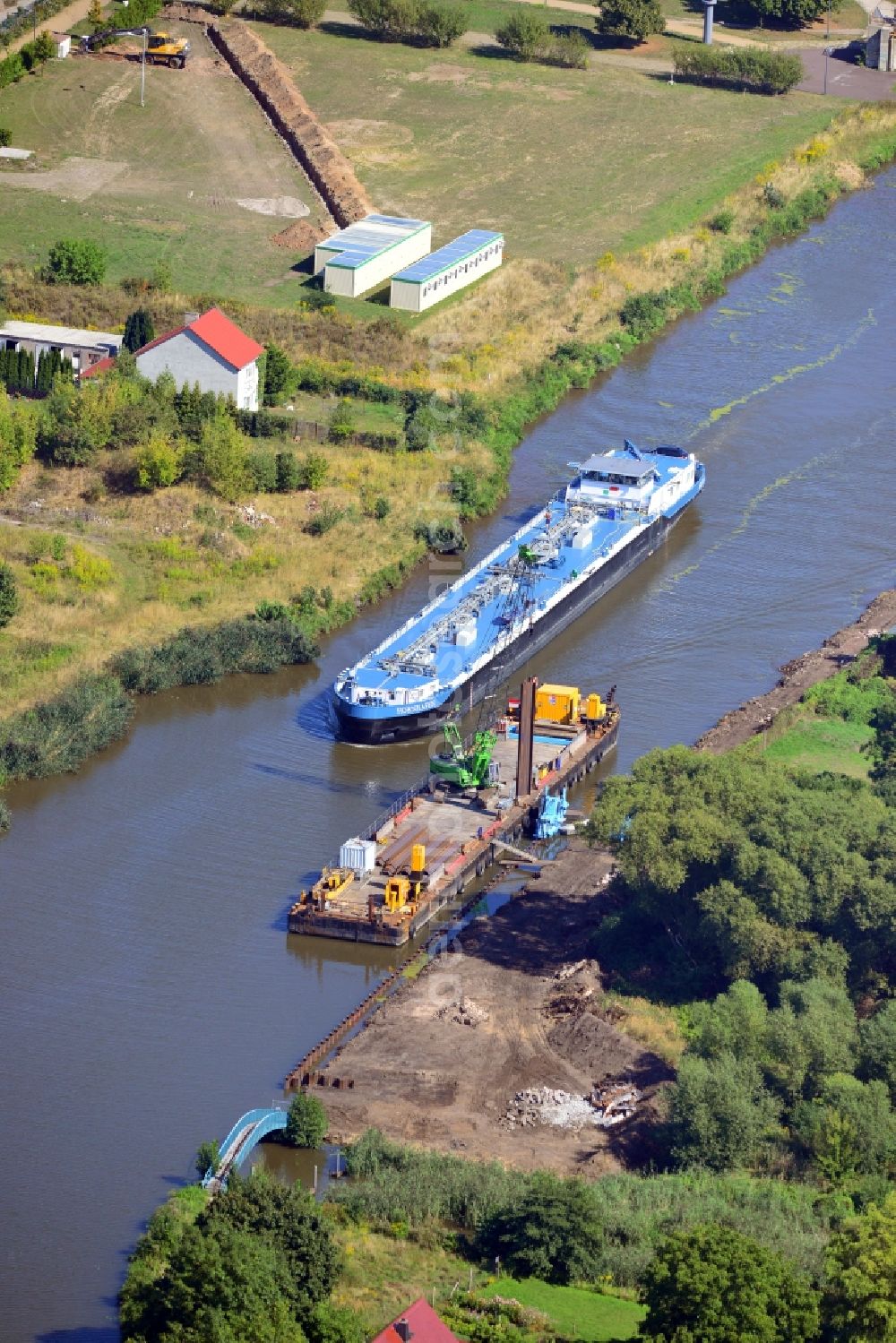 Aerial photograph Genthin - Construction site at the riverside of the Elbe-Havel-Canel in the state Saxony-Anhalt