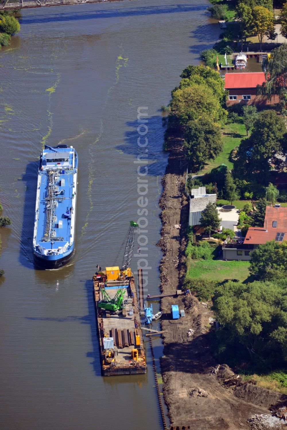 Genthin from above - Construction site at the riverside of the Elbe-Havel-Canel in the state Saxony-Anhalt