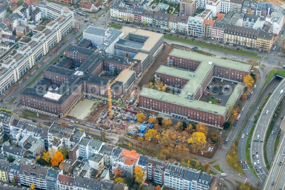 Düsseldorf from above - Redevelopment works at the police department and ministry for Bauen und Wohnen on Hubertusstrasse in Duesseldorf in the state of North Rhine-Westphalia