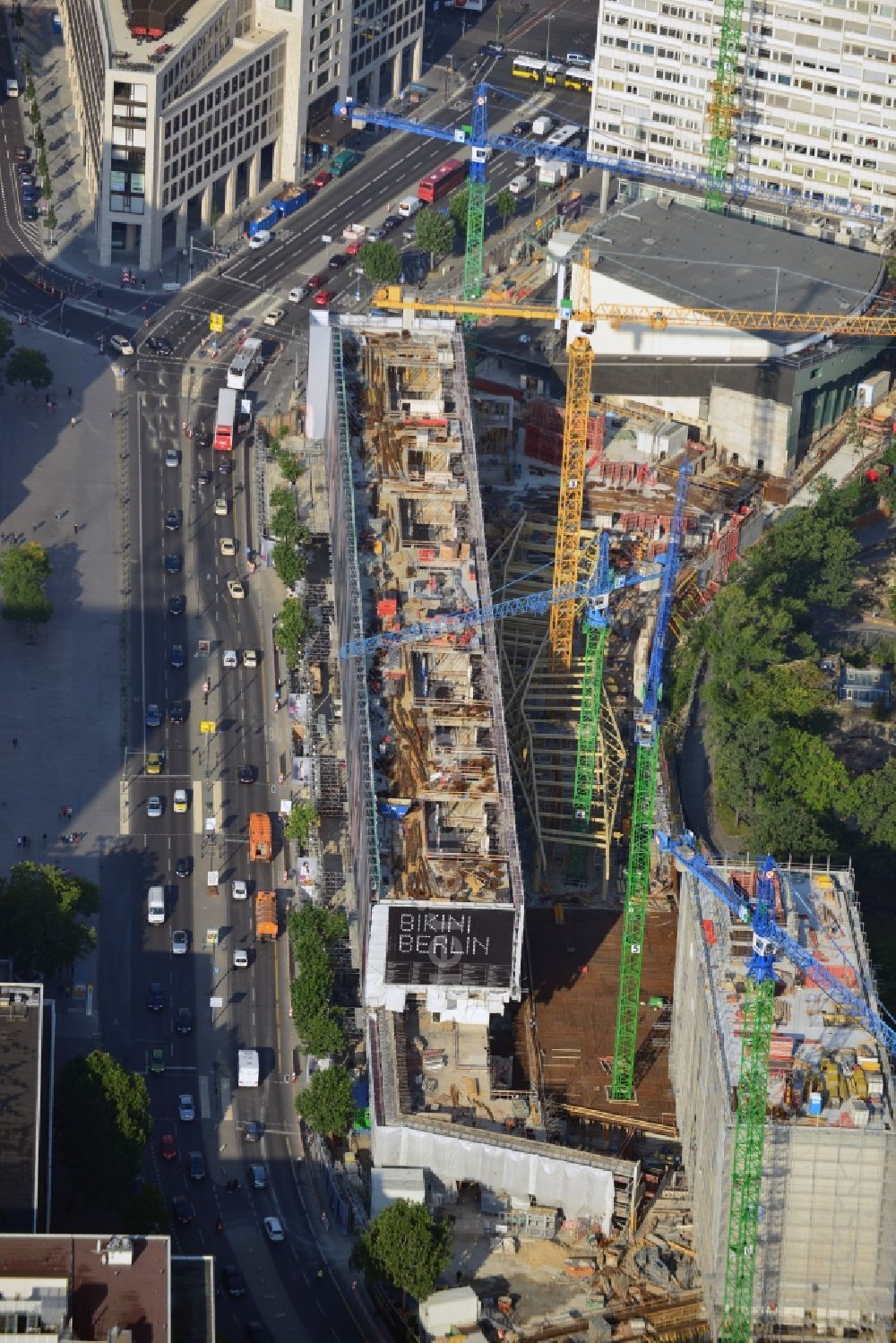 Berlin from above - View at the conversion and expansion construction site of the architectural ensemble Bikinihaus in the Budapester street in the district Charlottenburg in Berlin