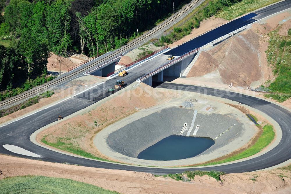 Aerial image Uslar - Baustelle der neuen Umgehungsstraße / Bundesstraße B241 mit neuen Brückenbauwerken / Talbrücke Volpriehausen nahe Uslar in Niedersachsen. Ein Projekt der EUROVIA. Construction site of the new circuitous road B241 with new bidges / viaduct Volpriehausen in the near of Uslar in Lower Saxony.