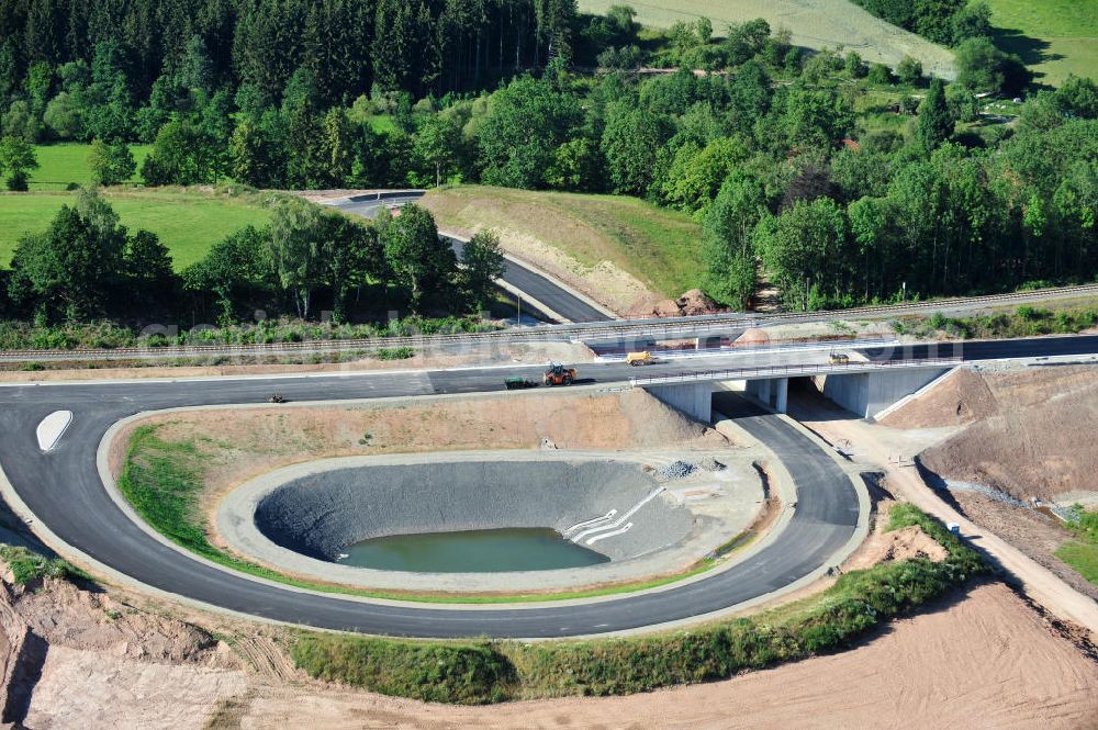 Uslar from above - Baustelle der neuen Umgehungsstraße / Bundesstraße B241 mit neuen Brückenbauwerken / Talbrücke Volpriehausen nahe Uslar in Niedersachsen. Ein Projekt der EUROVIA. Construction site of the new circuitous road B241 with new bidges / viaduct Volpriehausen in the near of Uslar in Lower Saxony.