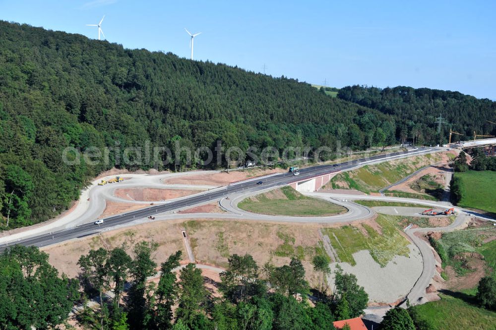 Aerial image Uslar - Baustelle der neuen Umgehungsstraße / Bundesstraße B241 mit neuen Brückenbauwerken / Talbrücke Volpriehausen nahe Uslar in Niedersachsen. Ein Projekt der EUROVIA. Construction site of the new circuitous road B241 with new bidges / viaduct Volpriehausen in the near of Uslar in Lower Saxony.