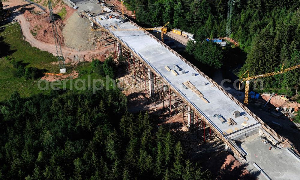 Uslar from above - Baustelle der neuen Umgehungsstraße / Bundesstraße B241 mit neuen Brückenbauwerken / Talbrücke Volpriehausen nahe Uslar in Niedersachsen. Ein Projekt der EUROVIA. Construction site of the new circuitous road B241 with new bidges / viaduct Volpriehausen in the near of Uslar in Lower Saxony.