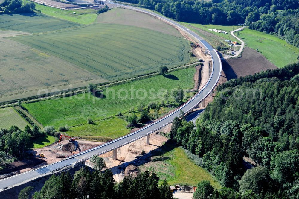 Aerial image Uslar - Baustelle der neuen Umgehungsstraße / Bundesstraße B241 mit neuen Brückenbauwerken / Talbrücke Volpriehausen nahe Uslar in Niedersachsen. Ein Projekt der EUROVIA. Construction site of the new circuitous road B241 with new bidges / viaduct Volpriehausen in the near of Uslar in Lower Saxony.